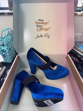 Blue Velvet Platform Heels with Elastic Strap